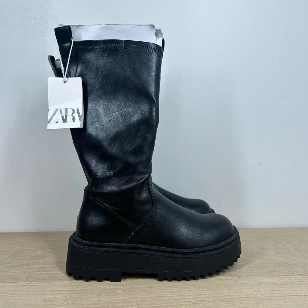 NWT Zara Boots Kids 2 Black Mid Calf Chunky Platform Lug Sole Moto Combat